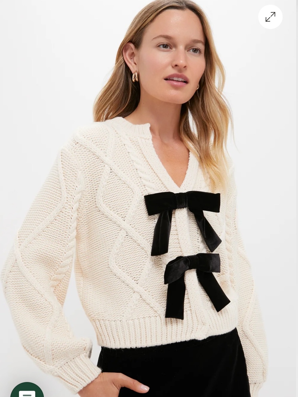 Tuckernuck Cream Cable V-Neck Sweater with Black Velvet Bows